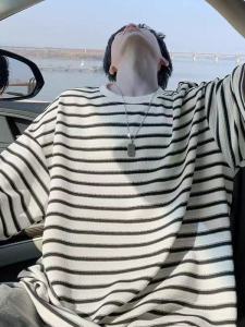 เสื้อยืดแขนสั้นลายทางลายเสือดาวสีดำขาวสำหรับผู้ชาย ทรงหลวม ทรงลำลอง สำหรับวัยรุ่น ฤดูร้อน ป้องกันแบคทีเรีย ผ้าโซโลนา