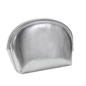 Soft PU Leather Cosmetic Bag Customizable Company Logo Pattern Waterproof Storage Bag Silver Color round Shape Zipper Closure