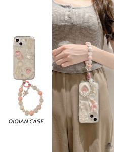 QIQIAN | 3D Love Heart Butterfly Wrist Strap with Case and Chain Compatible iPhones 18/17 Pink