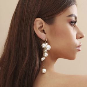 Elegant Simple Imitation Pearl Long Tassel Drop Earrings for Women Wed Bridal Classic Piercing Hanging Earring Aesthetic Jewelry