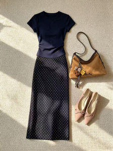 QINGMUZI | Commuter Slim Fit T-Shirt and Polka Dot Skirt Set