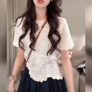 Shalldoer | Áo len dệt kim hở vai không đều dày tay ngắn mùa hè mỏng thoáng khí đa năng áo thun nữ phong cách mới 2025 thường ngày vải lanh