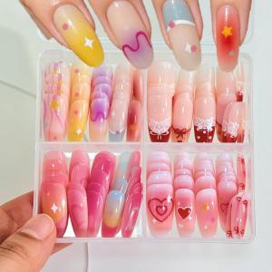120Pcs Dopamine Gradient Press On Nails Heart Star Bow Dot French Fake Nailtip Sweet Girl Valentines Day Almond False Fingertip