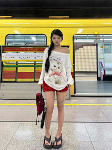 Sweet Spicy Cat Print Long Sleeve Loose Womens T-shirt Korean Style Casual Slimming Trendy Top for Spring Autumn