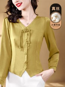 เสื้อเชิ้ตผู้หญิงไหมฮั่นกงแขนยาวสไตล์จีนปักกระดุมฤดูใบไม้ร่วงปี 2025 เสื้อไหมผ้าไหมมัลเบอร์รี่ทรงสลิมฟิต