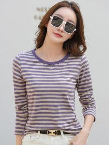 Sọc Pure Cotton Vải Bông Áo Thun Dài Tay Nữ Áo Thun Mùa Xuân Mùa Thu Rộng Rãi Fit Flattering Cỡ Lớn Áo Sơ Mi Cơ Sở Che Khuyết Điểm Bụng