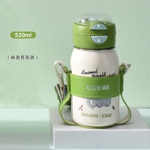 Childrens Double Stainless Steel Straw Water Cup Large Capacity School Water Bottle Cute Design Eco-Friendly Insulated Tumbler