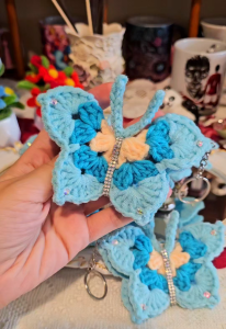Butterfly 3D blue Key chain/Key Holders for woman/girls bags Crochet handmade with crystals for gift/anniversary/birthday/wedding