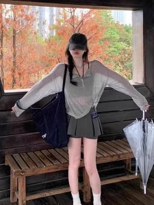 Áo Thun Dài Tay Mỏng Màu Xám Phong Cách Hàn Quốc Cho Nữ Mùa Hè Áo Khoác Ngoài Rộng Rãi Áo Thun Dài Tay Áo Thun