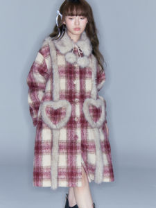 Lost Forest Original Design Long Woolen Coat New Year Checkered Pattern Autumn Winter Warm Womens Fashion Sweet Style