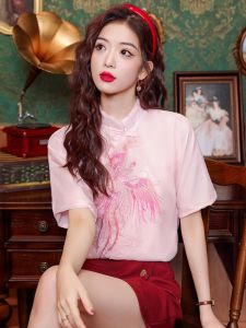 Retro Embroidered Button up Top New Chinese Style Summer T-Shirt Creative Design Bubble Sleeve Loose Fit round Neck Shirt