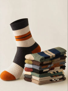 BAIZIYUAN | Mens Autumn/Winter Antibacterial Odor-Resistant Sweat-Absorbing Pure Cotton Color-Blocked Striped Mid-Calf Socks