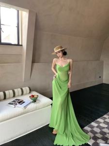 Dopamine Green Fairy Neck Swing Dress Vacation Style Travel Theme Elegant A-Line Long Dress Sleeveless High Waist Skirt
