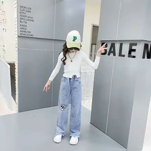 High-quality Denim Pants for Girls Fashionable Middle and Large Childrens Loose Wide-leg Pants Black Casual Trousers