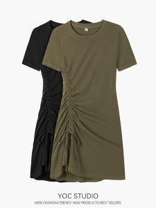 Black Dress Elegant Slimming Drawstring Split T-shirt Short Sleeve