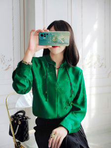 Elegant Long Sleeve Silk Satin Embroidered Shirt Chinese Style Womens Spring Autumn Vintage Button up Cheongsam Top