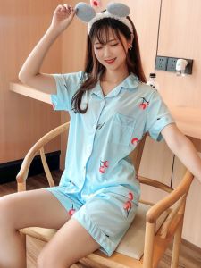 เสื้อคาร์ดิแกนแขนสั้นกางเกงขาสั้นชุดนอนชุดใส่ในบ้านใส่ออกไปข้างนอกได้ลายการ์ตูนสวยหวานสไตล์เกาหลีลำลองทรงหลวมใส่ช่วงฤดูร้อนสำหรับผู้หญิง