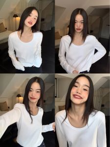 Pusumede Basic White Long Sleeve Cotton T-Shirt Womens Loose Fit Versatile Pure Shoulder U-Neck Commute Style Spring 2025