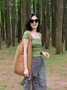 Áo Thun Tay Ngắn Cổ Chữ U Màu Xanh Lá Cây Kiểu Pháp Cho Nữ Mùa Hè Áo Len Dệt Kim Tay Lỡ Áo Ngắn Áo Thun