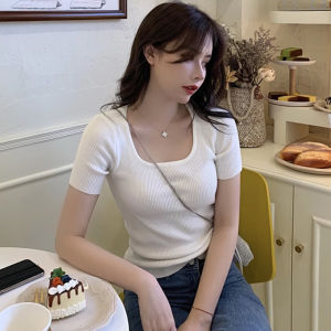 Plus Size U-Neck Knitted Sweater for Women Summer Ice Silk Short Sleeve Base Shirt Square Collar Work Clothing Slim Style