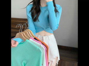 Atasan Wanita Twisted Crop Long Sleeves T-shirt Bahan Rajut / Baju Lengan Panjang Knit Crop CF P367