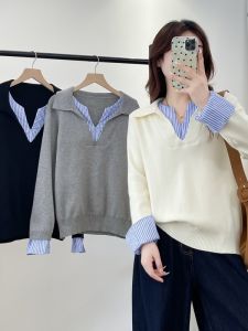 เสื้อสเวตเตอร์ถักลายทางหลวมๆ ทรงหลวมสไตล์เกาหลี สำหรับผู้หญิงไซส์ใหญ่ ฤดูใบไม้ร่วง/ฤดูหนาว เสื้อคลุมกันหนาวแบบสวมหัว