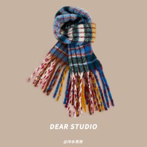 ผ้าพันคอพู่ขนโมแฮร์ลายสก๊อตภาพสีน้ำมันสีสันสดใสแนววินเทจสไตล์ญี่ปุ่นสำหรับผู้หญิงผ้าพันคอกันหนาวหนาพิเศษแฟชั่นเรียบหรูใส่ช่วงฤดูหนาว