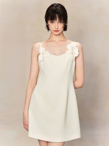 TAMMY TANGS | Sweet Style Sugar Power Thousand Gold Three Dimensional Flower White Dress Waist Inward X Type Slimming Strap Dress For Women