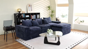 RISE 275cm L-Shape Compressed Sofa Bed Convertible Modular Sectional Sofa (L-shape Na Sofa Bed)  Premium Corduroy Fabric 30D High Density Foam with 5 Free Pillows No Tools Needed Multi-functional 3-in-1 Minimalist Style for Living Room