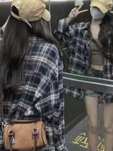 Áo Sơ Mi Kẻ Caro Tay Dài Dáng Rộng Cho Nữ Mùa Thu 2025 Áo Khoác Cardigan Cổ Polo Thường Ngày Không Thay Đổi