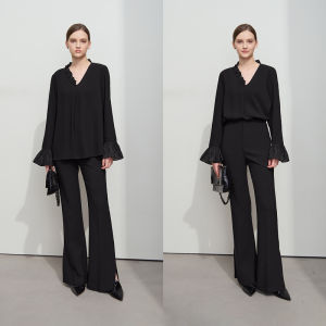 AMII | Elegant Ruffled V-neck Loose Linen-feel Blouse