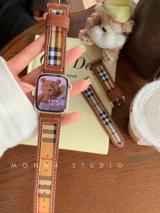 Classic Brown Plaid Canvas Iwatch Band Leather Commuter Style Versatile Compatible with Multiple Brands including Apple Watch