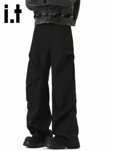 izzue | Black Wrinkle Elegant Wide Leg Trousers