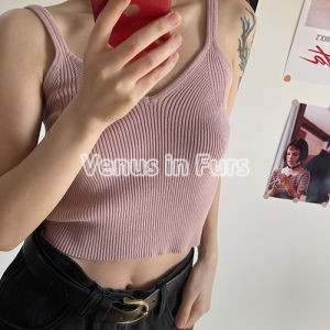 French Vintage Sweet Girl Slim Fit Knitted V-neck Pure Color Ribbed Base Layer Vest Strapless Top for Women Summer Cotton