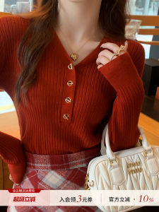 เสื้อสเวตเตอร์คอวีสีแดง ทรงสลิมฟิต สไตล์เกาหลี สำหรับผู้หญิง ฤดูใบไม้ผลิและฤดูใบไม้ร่วง เสื้อชั้นในดีไซน์เรียบง่าย สวมใส่สบาย