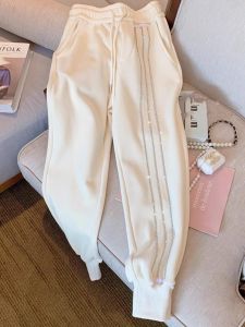 High Waist Fleece Lined Heavy Rhinestone Casual Pants Womens Autumn Winter Straight Leg Pants Korean Style Loose Fit Trousers