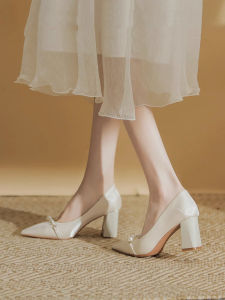 Rsemnia สไตล์ฝรั่งเศส Pointed Toe Chunky Heel รองเท้าเดี่ยว Mary Janes Maid Of Honor รองเท้าส้นสูงผู้หญิง ทันสมัย เรียบหรู