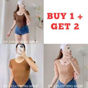 BUY 1 + GET 2 FREE (3PCS) Basic Scoop Neck Top For Women Womenswear Comfort Everyday Short Sleeve