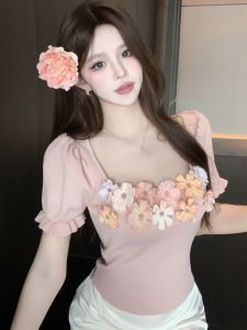 GUZILIAN | French Pink 3D Flower Bubble Sleeve Knitted T-shirt Womens Summer Design Sweet Spicy Short Top Korean Style Slim Fit Bubble Sleeve T-shirt