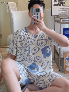 ชุดนอนผ้าไหมคอตตอนหลวมๆ สำหรับผู้ชาย ชุดนอนฤดูร้อน ชุดนอนผ้าไหมคอตตอนลายหมีการ์ตูนสำหรับเยาวชน ชุดนอนฤดูร้อนสำหรับใส่ไปกลางแจ้ง