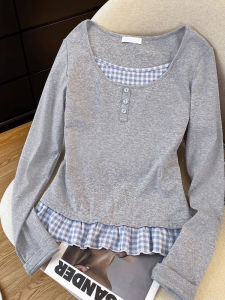 เสื้อยืดแขนยาวทรงสลิมฟิตสำหรับผู้หญิงในช่วงต้นฤดูใบไม้ผลิ สีเทา ทรงเข้ารูป เสื้อชั้นในสไตล์ BM สวยงาม เสื้อผ้าทำงานสไตล์เกาหลี