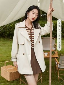 Chic British Style Womens Long Coat Casual Double Breasted Windbreaker Polyester Fiber Straight Cut Spring Fashion Outerwear