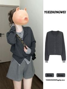 YUEZHONGWEI | College Style Grey Fake Two-Piece Knitted Cardigan