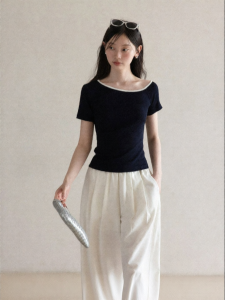 Cantonstory | Off-Shoulder Slim Fitting Blue T-Shirt