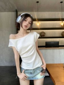French Style White One-Shoulder Short-Sleeve T-Shirt Womens Slim Fit Thin Winter Top Elegant Maturity Short Length Shirt