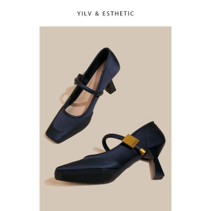 รองเท้าแมรี่เจนฝรั่งเศส ผู้หญิง ฤดูใบไม้ผลิ 2024 สไตล์ใหม่หัวเข็มขัดโลหะหัวแบนรองเท้าส้นสูงส้นบางรองเท้าเดียว ทันสมัย เดินทาง