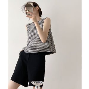 Áo Len Dệt Kim Không Tay Ngắn Dáng Rộng Kẻ Caro Đen Trắng Mùa Hè Cho Nữ Áo Khoác Ngoài Thời Trang Công Sở Thường Ngày