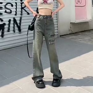 กางเกงยีนส์ผู้หญิง กางเกงเอวสูง ทรงคาร์โก้ กระเป๋าใหญ่ สีเทาวินเทจ ฟอกน้ำ #P-2175 (เลือกไซส์ตามตารางไซส์นะคะ)