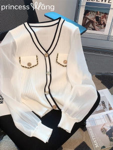 WANGGONGZHU | Princess Style Korean Loose Knitted Open Cardigan Womens Autumn New Fashion Simple Slimming Color Block Long Sleeve Top