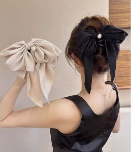Elegant French Satin Hair Clip with Pearl Sash And Butterfly Knot for Women New 2024 Hair Accessories Tail Clip Back of Head